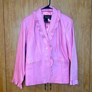 Terry Lewis 100% Leather Pink long sleeve jacket with ruffles; size L, nice!